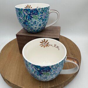 Lilly Pulitzer Gold Handle Ceramic Mug Set 2 mug cups blue print floral tropical